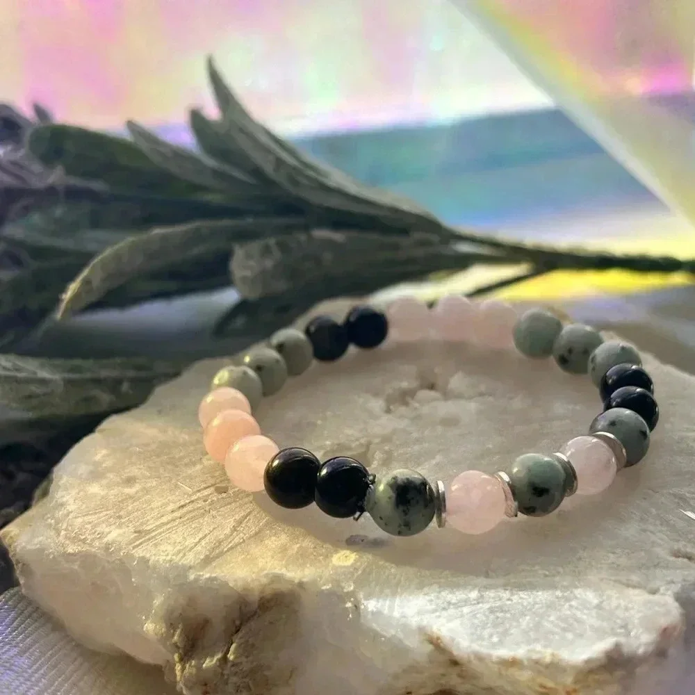 💖💚Handmade Kiwi Jasper + black obsidian + rose quartz 🥝 bracelet